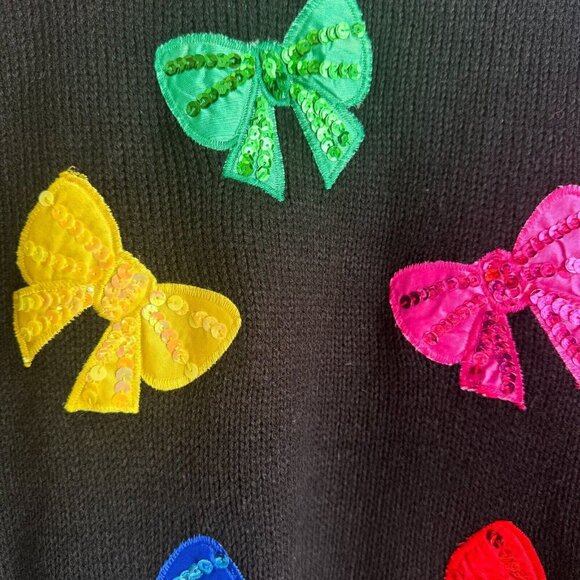 Vintage Smart Set Black Colourful Bow Sequin Holiday Sweater S - Picture 3 of 8